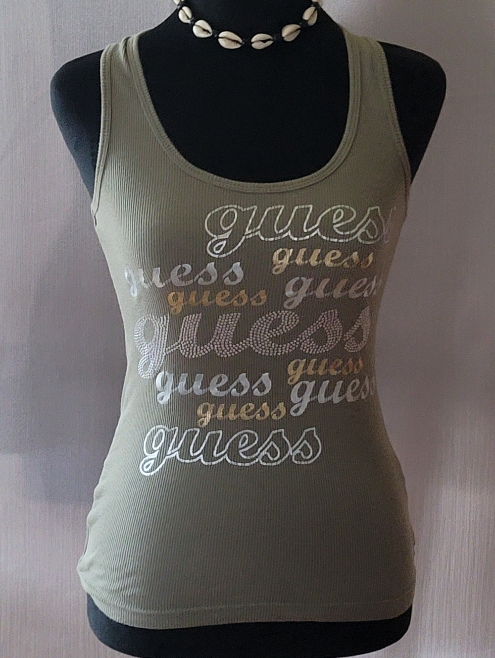 Guess Olive Green Logo Ribbed Tank Top